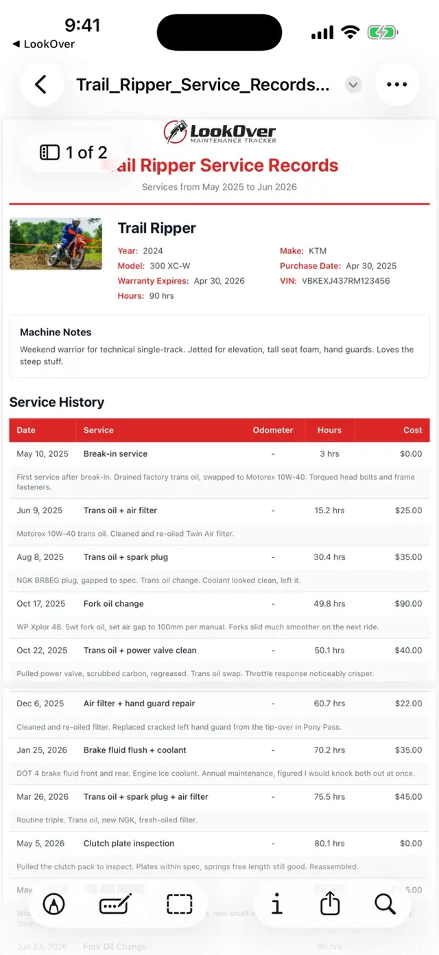 A clean PDF service-history export ready to hand to a buyer
