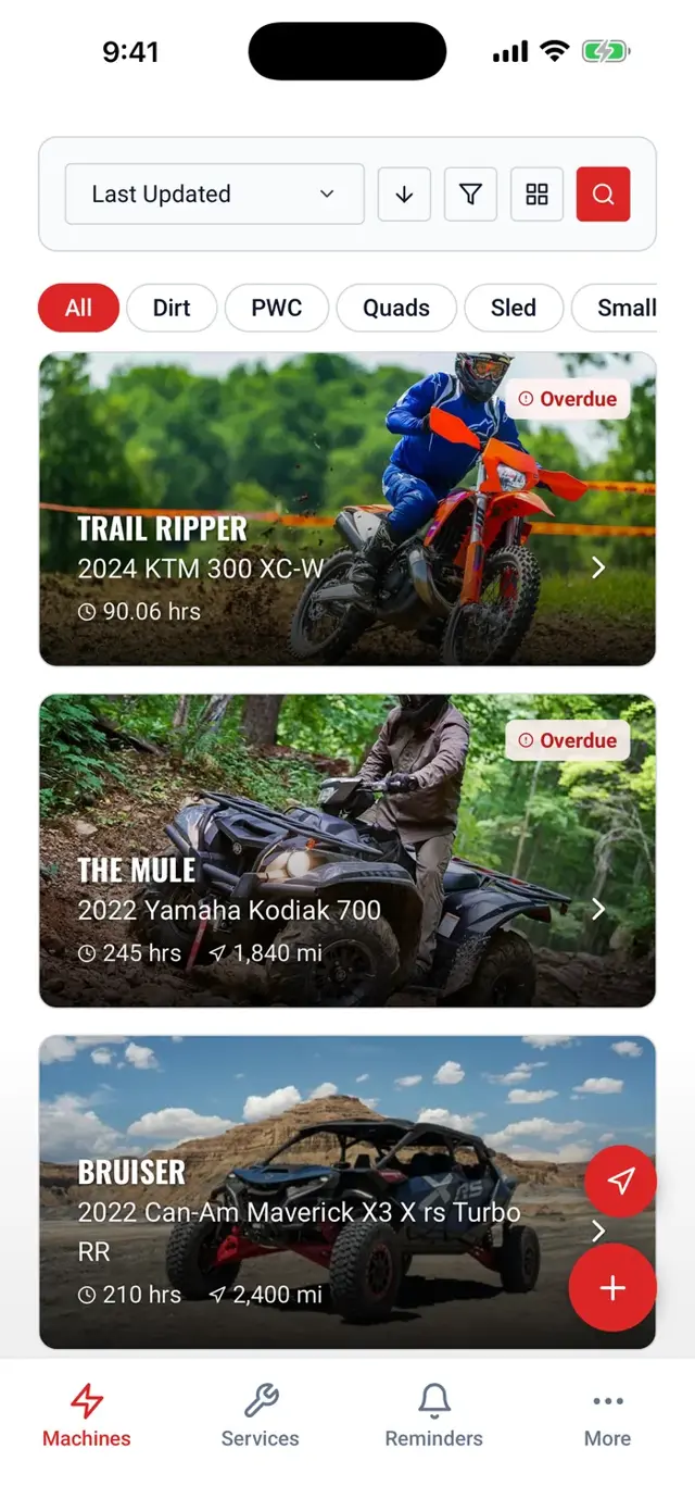 The LookOver garage list with dirt bikes, an ATV, and a UTV