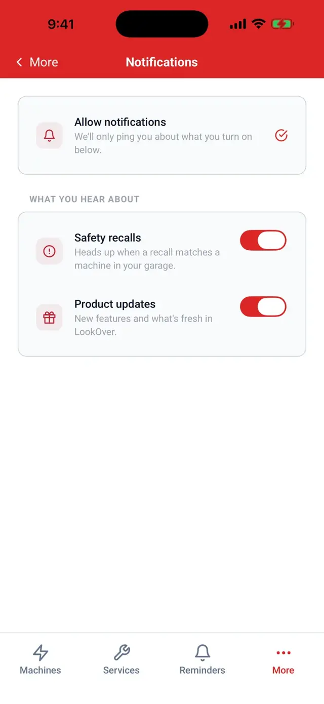 The notification settings screen for reminders and updates