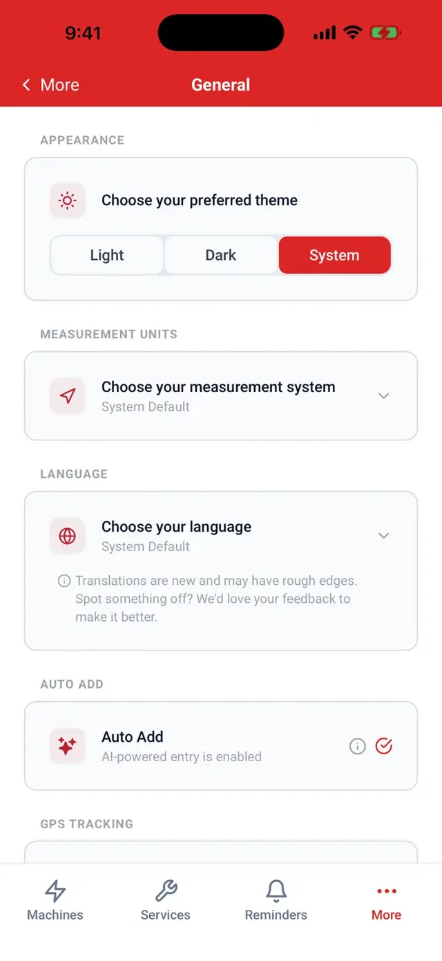 The LookOver preferences screen for units, defaults, and appearance