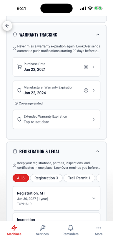 LookOver warranty tracking screen