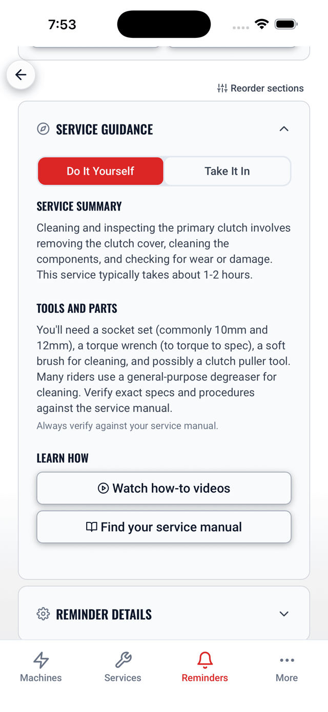 Service Guidance, Do It Yourself view with service summary, tools and parts, and how-to videos