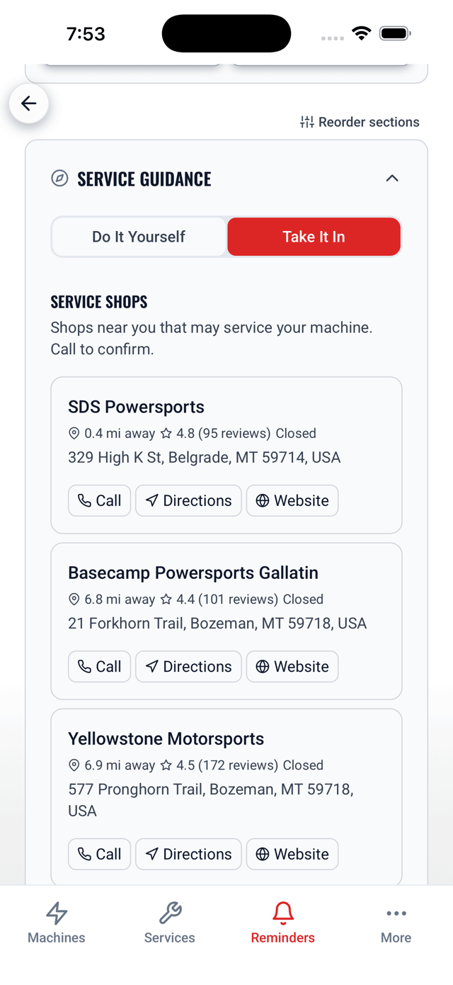Service Guidance, Take It In view with nearby service shops, distance, ratings, and call or directions