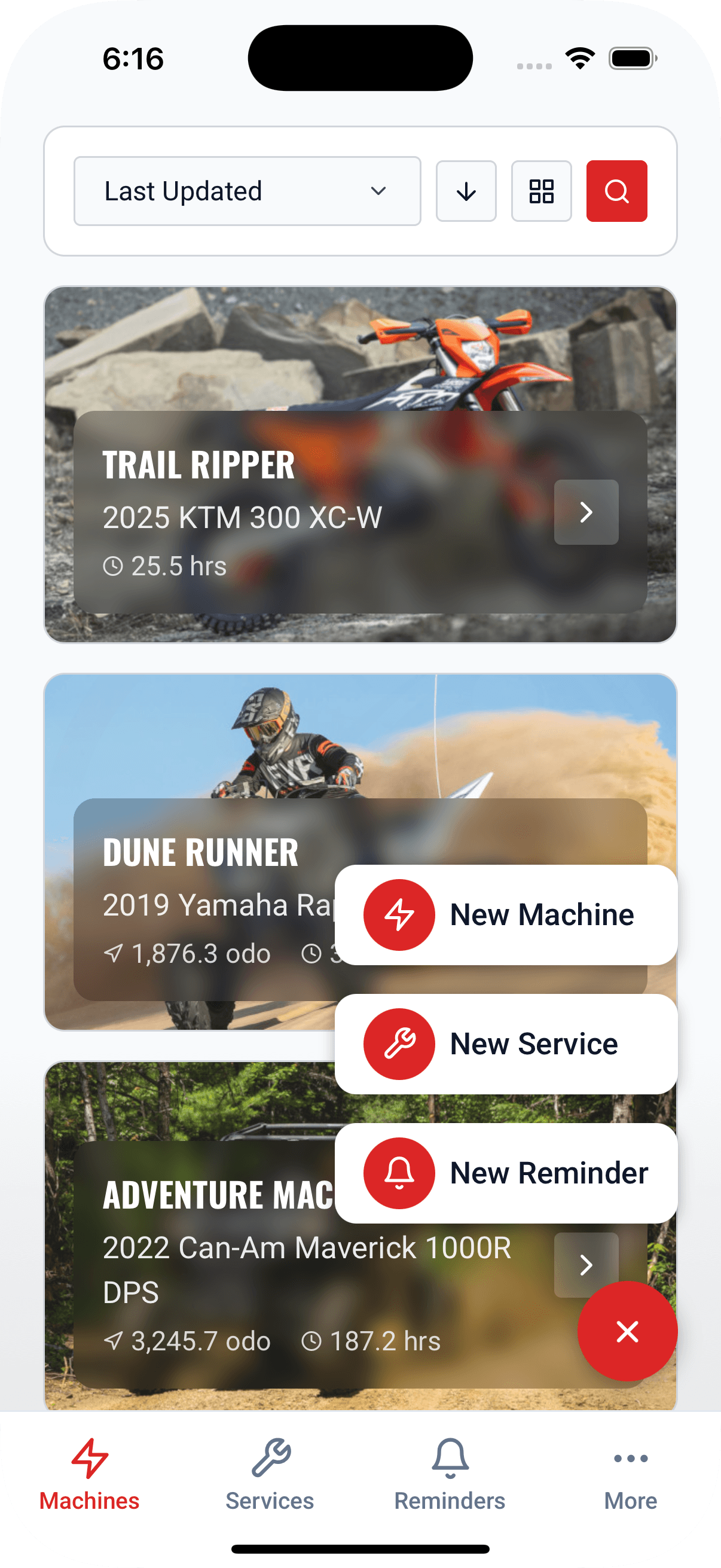LookOver app showing your digital garage with multiple machines