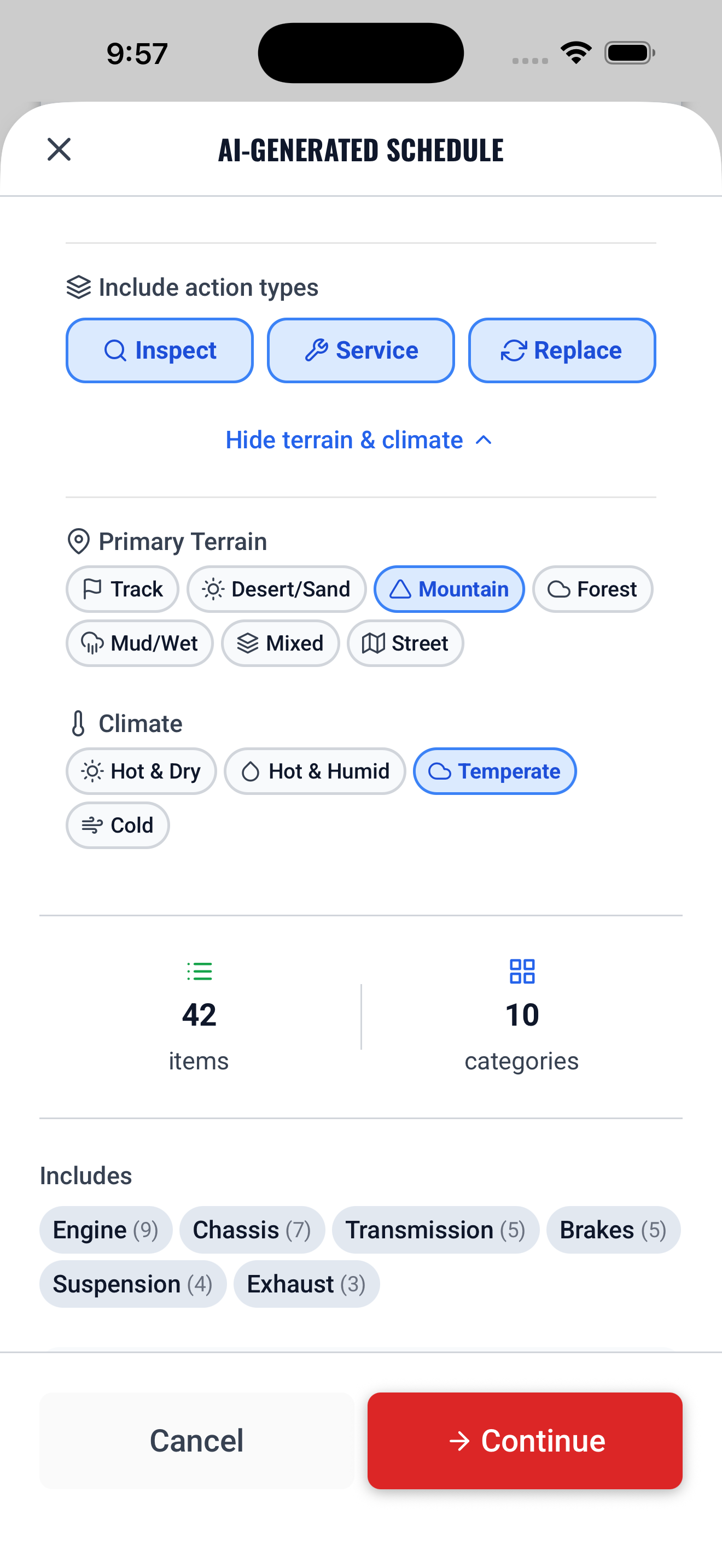 AI-Generated Schedule — terrain, climate, and 42 maintenance items across 10 categories