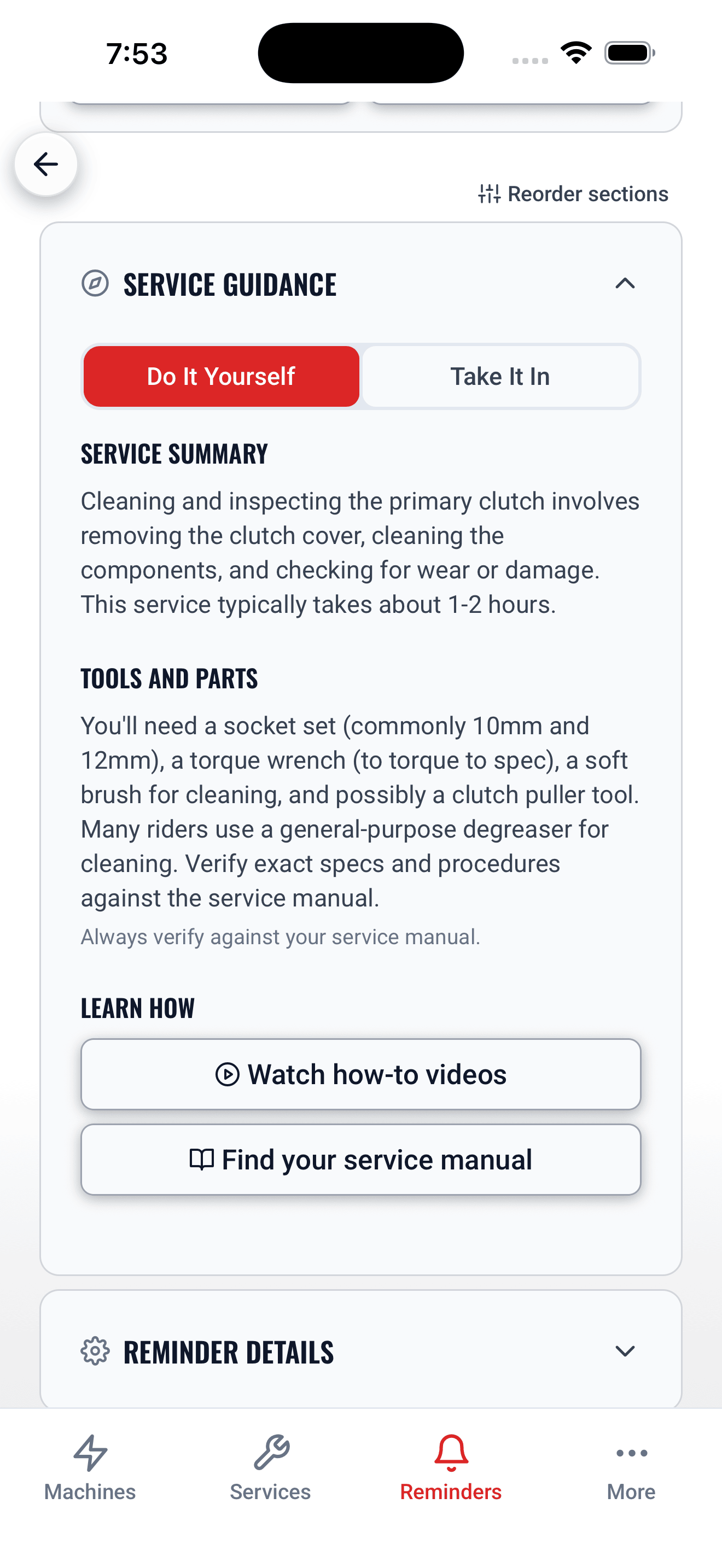 Service Guidance — Do It Yourself view with service summary, tools and parts, and how-to videos