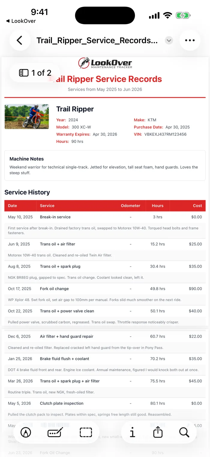 A clean PDF service-history export ready to hand to a buyer