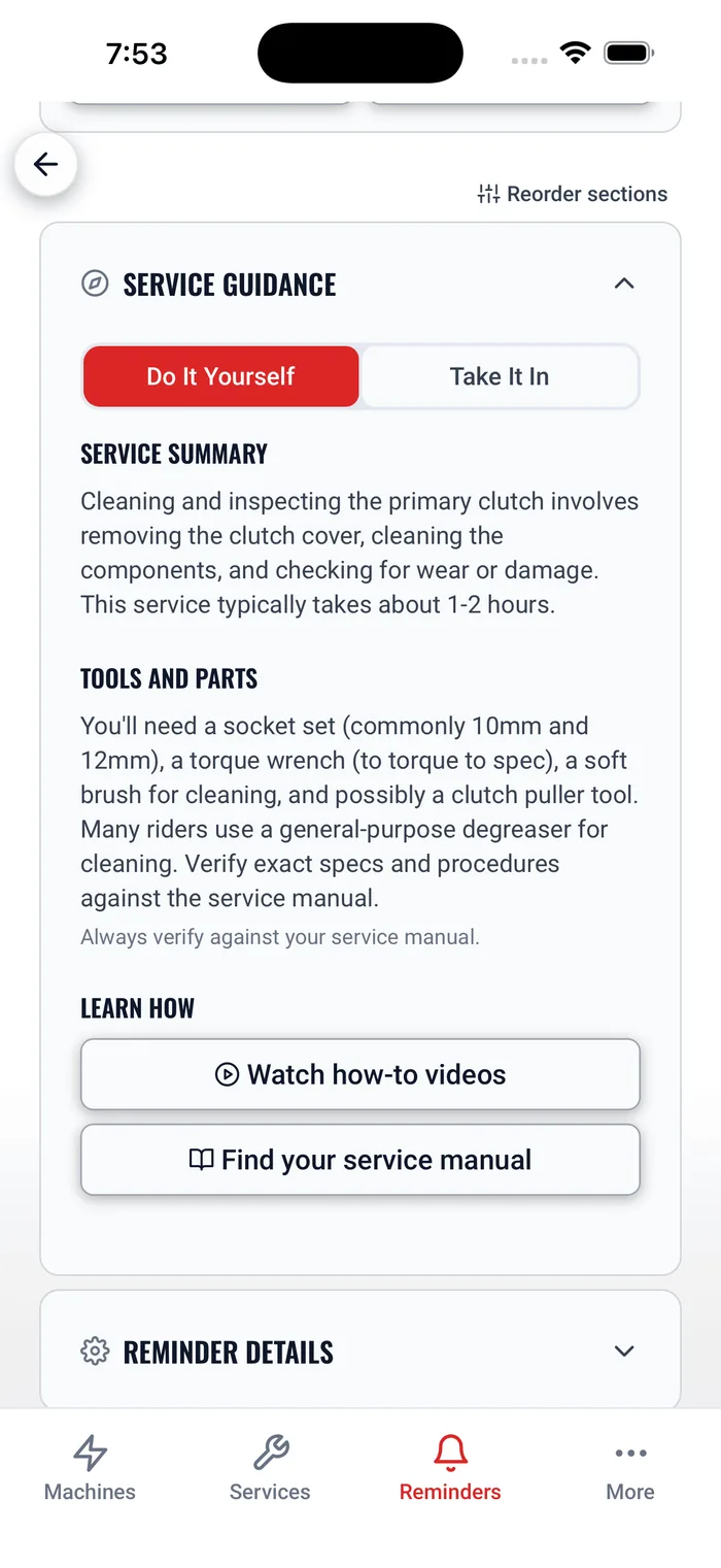 The service guidance DIY summary with steps, tools, and parts