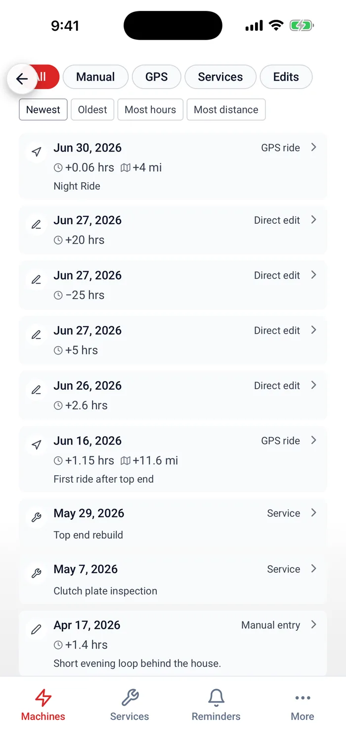 The usage log timeline of GPS rides, manual edits, and services
